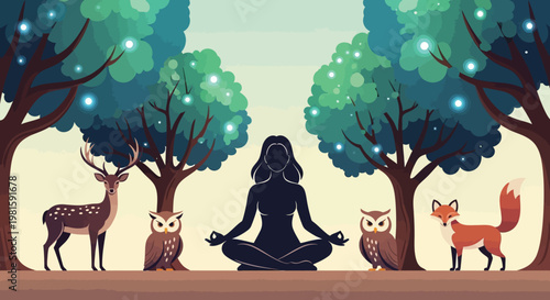 An abstract vector illustration of a woman in a lotus yoga pose forming a tree silhouette for meditation and health within a green summer park nature setting