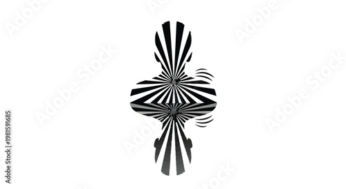 Abstract black and white optical illusion of two figures mirroring each other with radiating lines