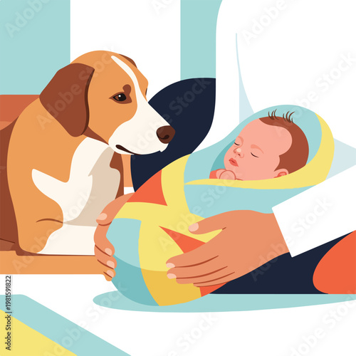 Beagle dog looks at a sleeping newborn baby swaddled in a colorful blanket
