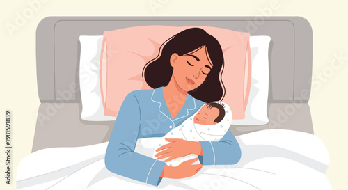 Quiet illustration of a mother sleeping in bed holding her sweet newborn infant