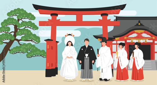 Vector art of a Shinto wedding ceremony at a shrine with torii gate and a priest