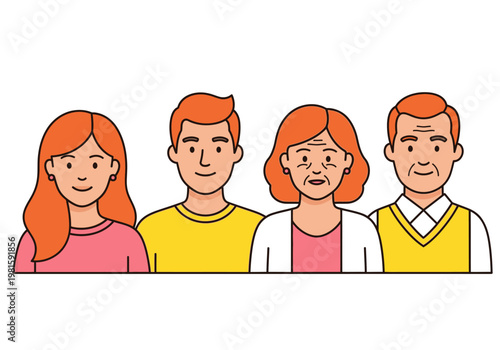 Happy Multi-Generational Ginger Family Illustration - Flat Vector Portrait of Grandparents and Adult Children Isolated on White