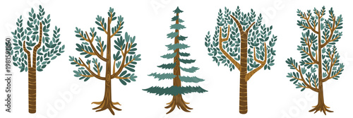 Illustration of five stylized trees with green leaves and brown trunks. Each tree has unique leaf patterns and shapes, showcasing diverse tree designs. Nature illustrations, isolated vector set.