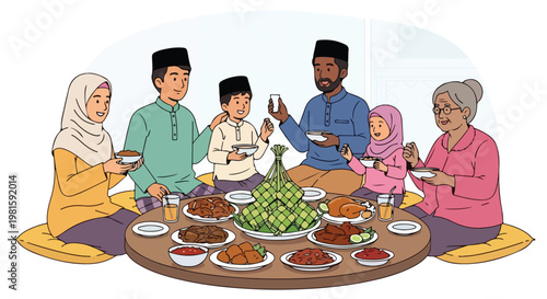 Muslim family celebrating Hari Raya with a traditional feast on a round table