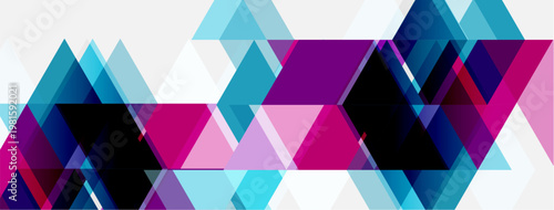 Abstract geometric pattern. Overlapping triangles create dynamic visual texture. Shades include blue, purple, pink, black. Modern design element.