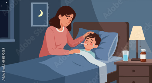 A worried mother cares for her sick son in bed at night during a fever illness