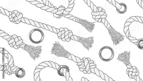 Seamless pattern design featuring various thick nautical ropes with knots and shiny metal rings on a clean white background for marine themes.