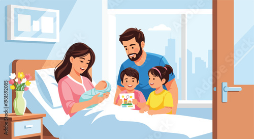 Happy family visiting mother and newborn in a bright, modern hospital setting