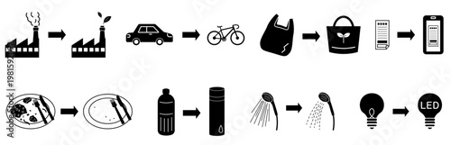 日常のエコ行動8種セットアイコン　脱炭素・SDGs・モノクロイラスト