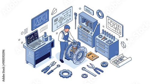 Skilled mechanic in blue overalls repairing a large industrial metal valve in a workshop surrounded by tools, blueprints, and digital monitors.