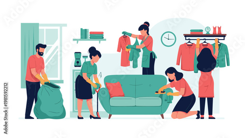 Professional cleaning service team working together to clean a living room by vacuuming, dusting, and organizing clothes for a tidy home space.