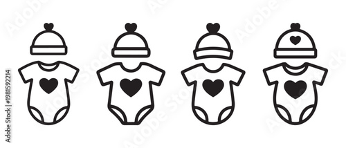 Baby onesies with heart emblems and matching hats, isolated on white background.