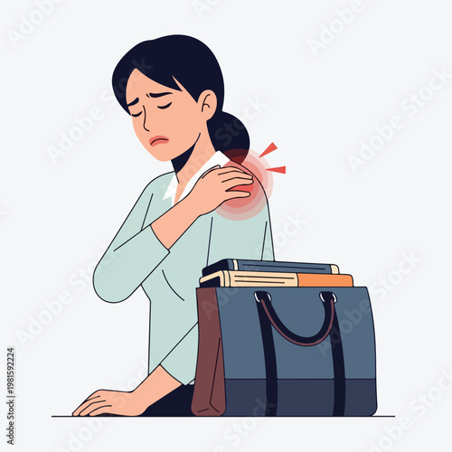 Woman suffering from intense shoulder pain caused by a heavy bag full of books