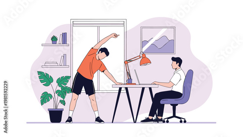 Active man performing stretching exercises at his standing desk while his colleague works on a laptop in a modern healthy office environment.