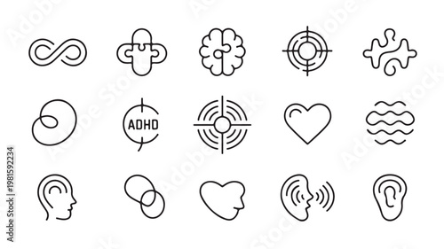 Mental Health Icons Featuring Brain Heart and ADHD Neurodiversity Symbols in Minimalist Line Art