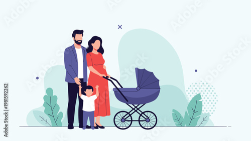 Happy family consisting of a father, pregnant mother, and young son walking with a blue baby stroller in a park with beautiful green plants.