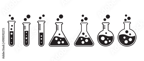 Set of Laboratory Glassware Icons. Beakers, Flasks, and Test Tubes with Bubbles.