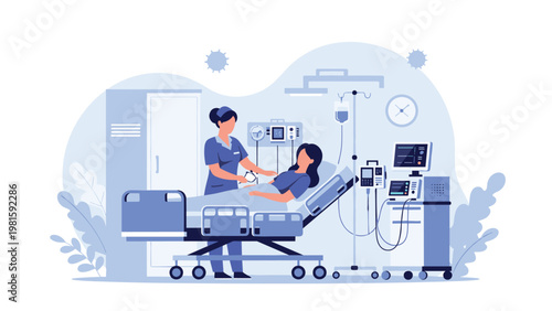 Professional female nurse caring for a female patient lying in a hospital bed surrounded by modern medical monitoring equipment and an IV stand.