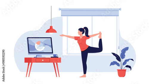 Young woman practicing the lord of the dance yoga pose in her home office while a financial chart is displayed on her computer monitor screen.