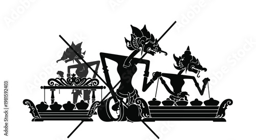 Traditional Indonesian shadow puppets perform on a stage with musical instruments.