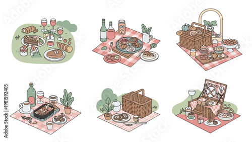 Variety of picnic set illustrations featuring delicious food, drinks, and baskets arranged on checkered blankets outdoors.