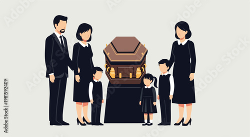 Flat illustration of sad family in mourning clothes by a wooden funeral coffin