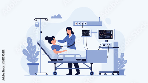 Female medical professional monitoring a patient lying in a hospital bed with advanced healthcare equipment and monitors.