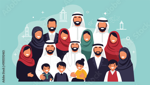 Large and happy extended Middle Eastern family group portrait featuring diverse ages and traditional clothing in a studio.
