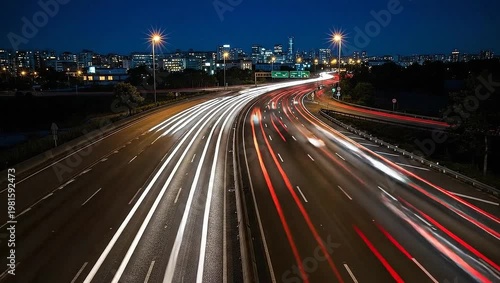 Long exposure highway traffic light trails at night cityscape.