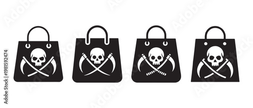 Black Shopping Bags with Skull Icons. and Scythes Emblem on White Background, Halloween Sale Concept.