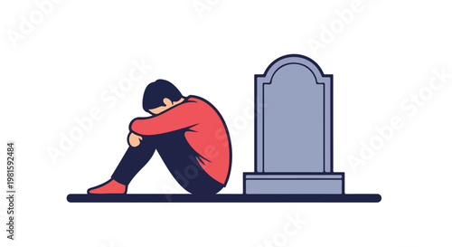 A grieving person sitting beside a blank gravestone expressing sadness and loss