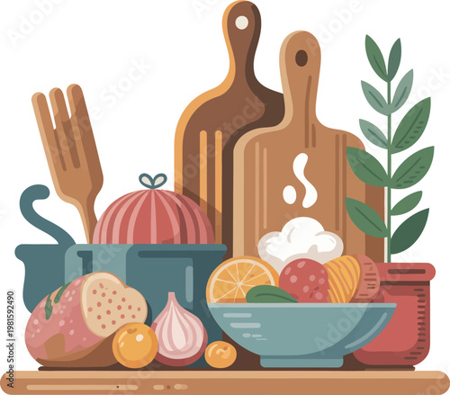 A kitchen counter with food and cooking utensils