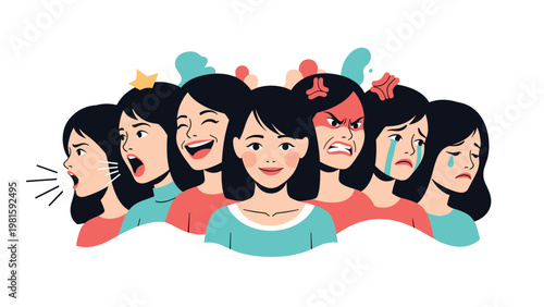 Diverse emotional expressions of a young woman showing happiness, anger, sadness, surprise, and calm in a group portrait.