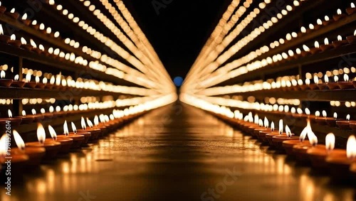 Long rows of illuminated oil lamps creating a mesmerizing tunnel of light in a dark temple.
