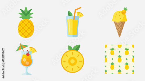 pineapple day set, simple pineapple clipart, pineapple, cut pineapple, juice, ice cream, pattern