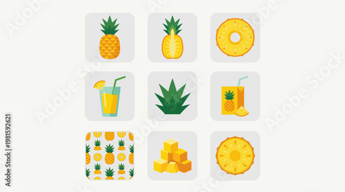 Icons with a pineapple theme include, sliced ​​pineapple, juice in a box, leaves, juice in a glass, patterns, stacked sliced ​​fruit