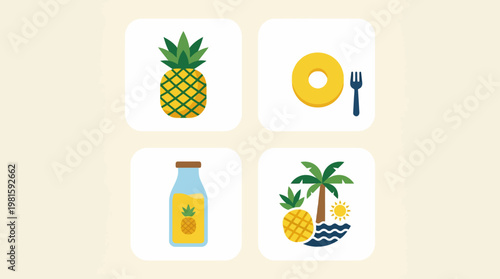 Pineapple fruit icon with tropical symbols, pineapple juice, pineapple cut