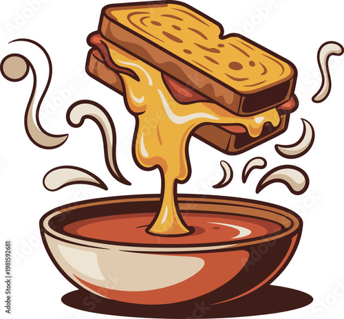 Grilled cheese sandwich being dipped into a bowl of soup