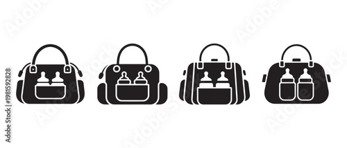 Baby diaper bags with bottles icon, modern childcare essentials glyph vector illustration.