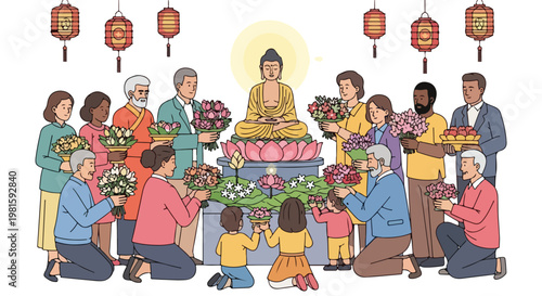 Diverse people offering flowers to a golden Buddha statue with hanging lanterns