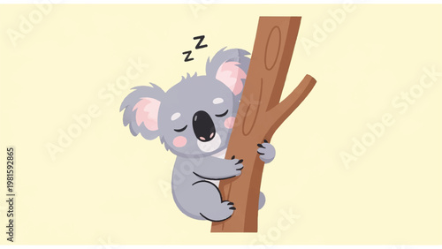 Sleeping Koala Hanging on Tree Branch.