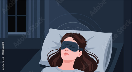 Cartoon illustration of a woman wearing a sleep mask and resting in a dark room