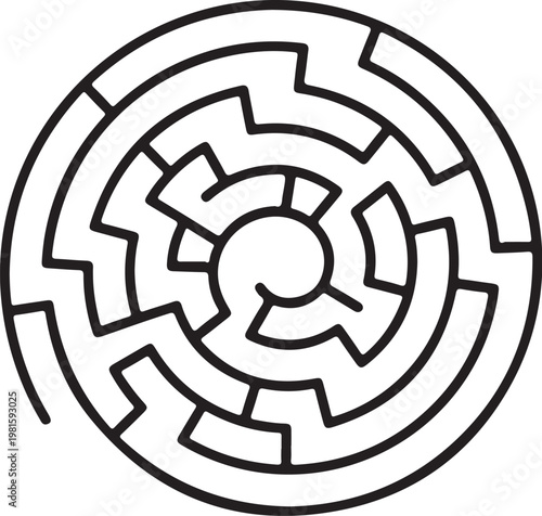 Circular maze, black line puzzle, round labyrinth, vector illustration