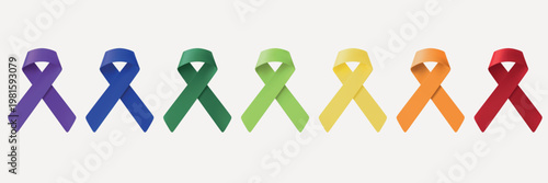 Colorful awareness ribbons in a row: purple, blue, green, yellow, orange, red. Each ribbon represents different causes, symbolizing awareness and support. Awareness ribbons, isolated element vectors.