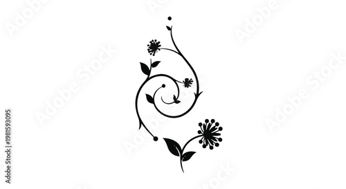 Elegant black floral swirl design with delicate leaves and flowers on white background