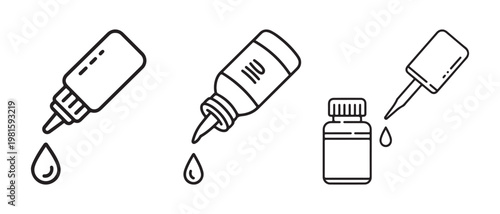 Liquid Drop Dispensing Bottles and Droppers Line Art Icons. Eye Drops, Serum, or Medicine Concept on White Background.
