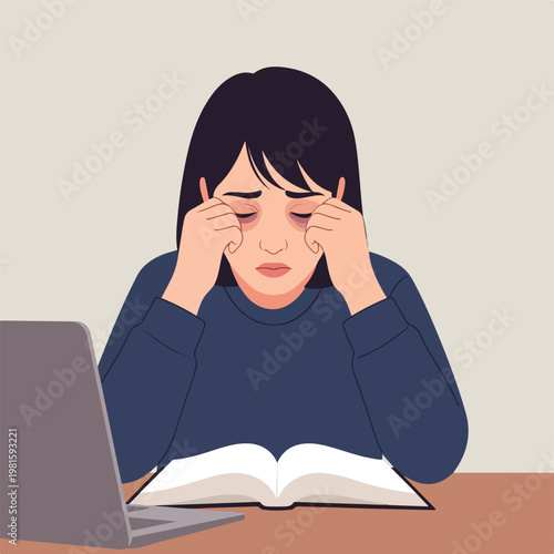 Exhausted woman rubbing tired eyes while studying at desk with laptop and books