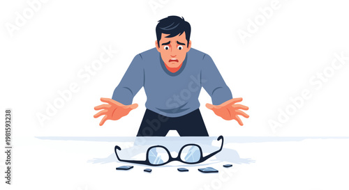 Shocked man staring at his broken eyeglasses with shattered lenses on the table
