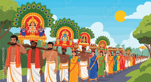 Traditional Indian procession with ornate kavadi shrines under a sunny blue sky