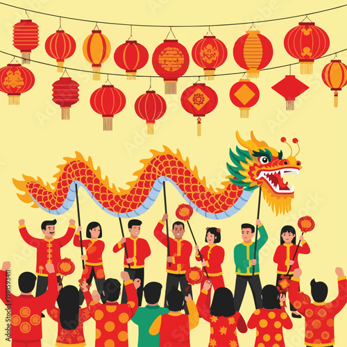Traditional Chinese dragon dance performance with red lanterns at a celebration